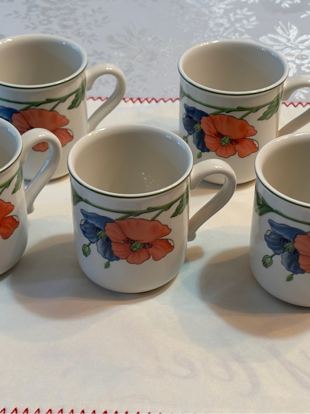 Villeroy & Boch White Ceramic Mugs with Orange and Blue Floral Motif - Set of 5